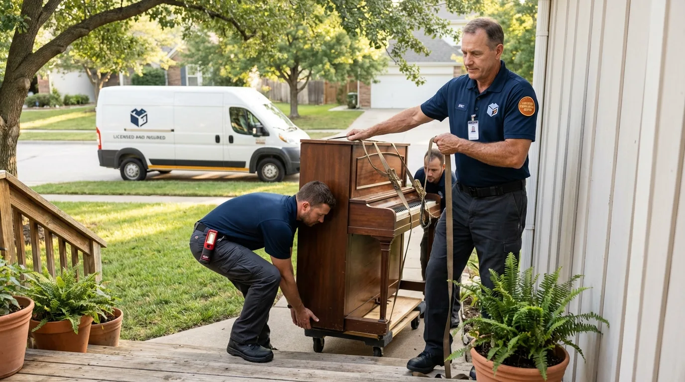 Licensed piano movers securing grand piano in Coldwater, MS