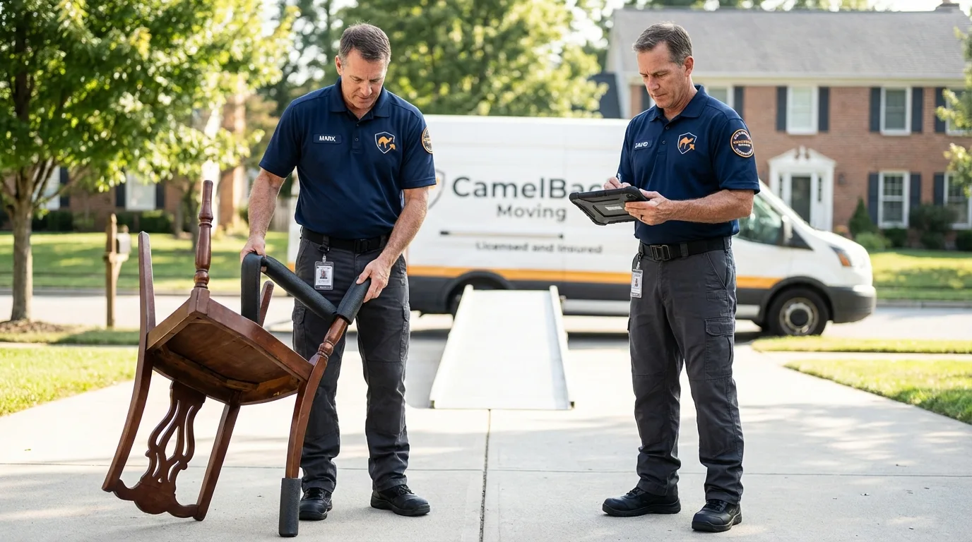 Movers inspecting furniture for damage prevention before loading in Coldwater, MS
